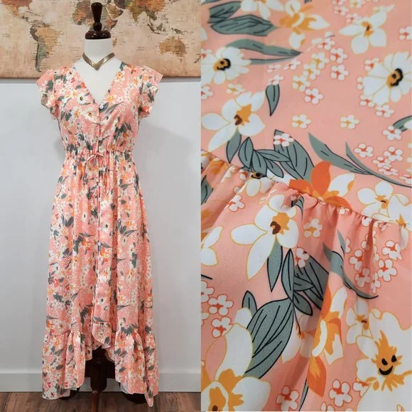 Floral ruffle boho button down maxi dress - Picture 1 of 11